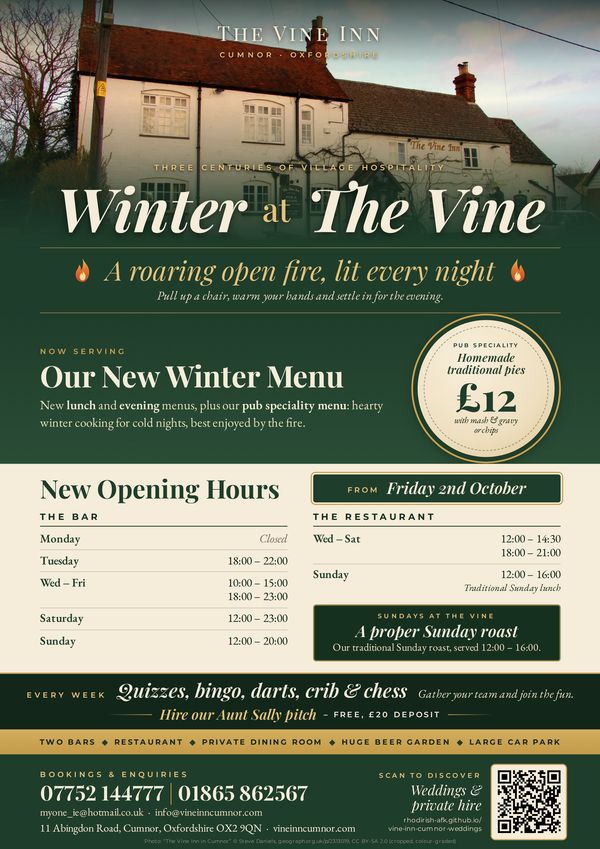 Winter at The Vine poster: open fire every night, new winter menu, homemade pies £12, new opening hours from Friday 2 October, weekly quizzes, bingo, darts, crib and chess, Aunt Sally pitch hire